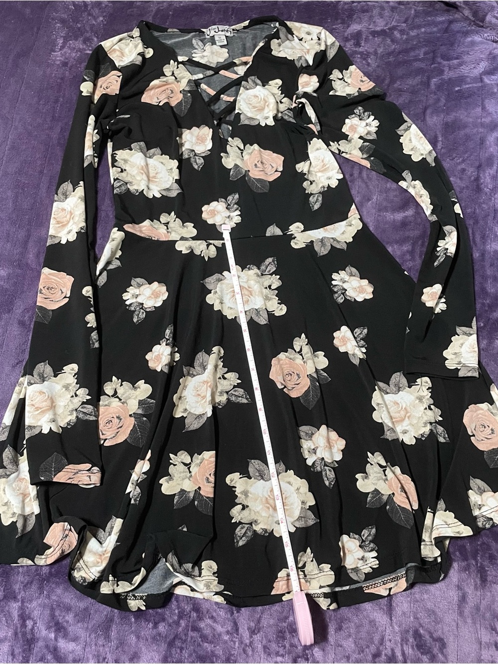 Floral Long-Sleeve Fit & Flare Dress - Black with Blush & Cream Roses